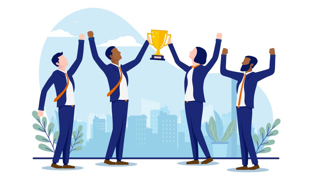 illustration of colleagues holding up trophy